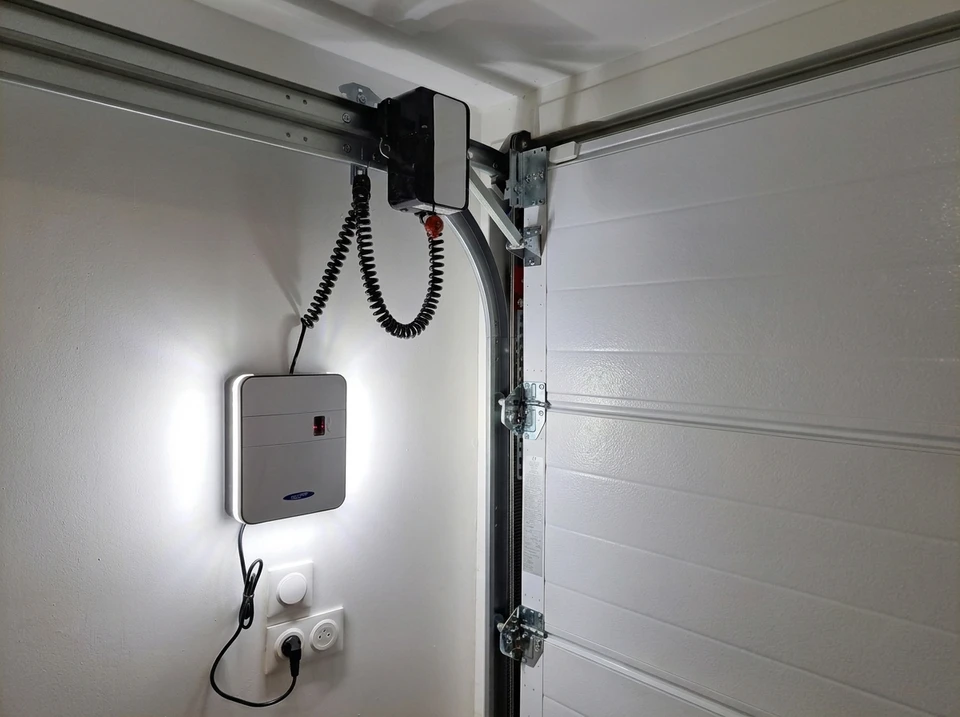 Intérieur de garage, motorisation de porte sectionnelle montée en applique murale