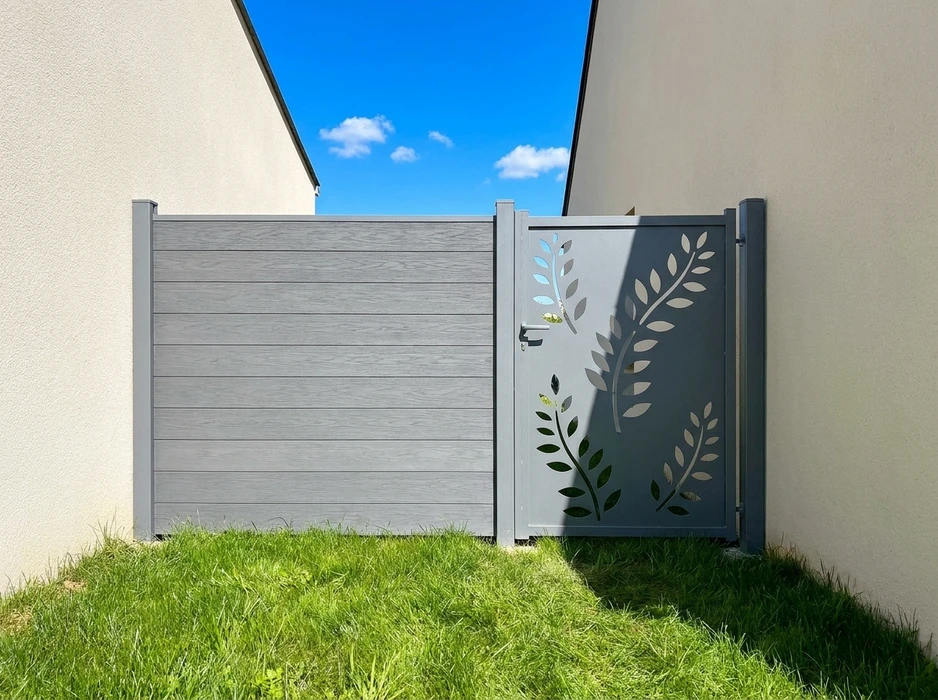 Entrée extérieure d'une maison avec une porte d'entrée moderne blanche à quatre inserts vitrés translucides et imposte vitrée